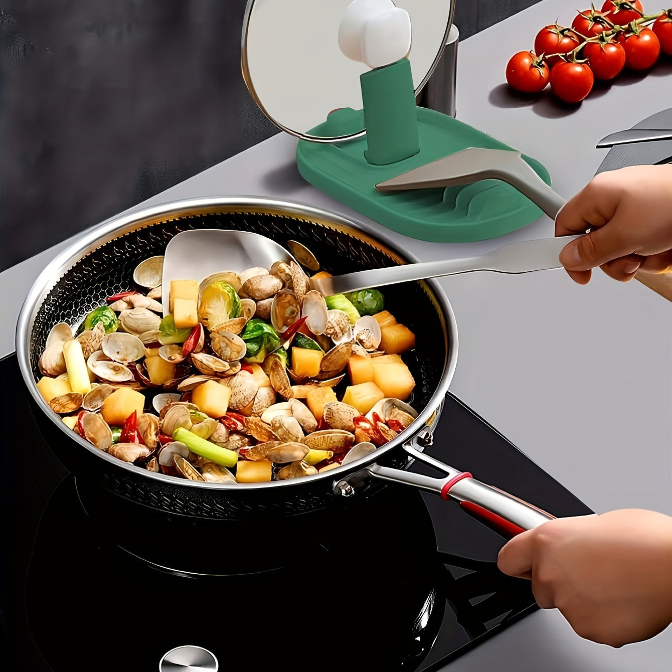 Suport Pliabil 3-în-1: Capac Oală, Spatulă și Lingură Supă - Organizator Anti-Picurare pentru Bucătărie